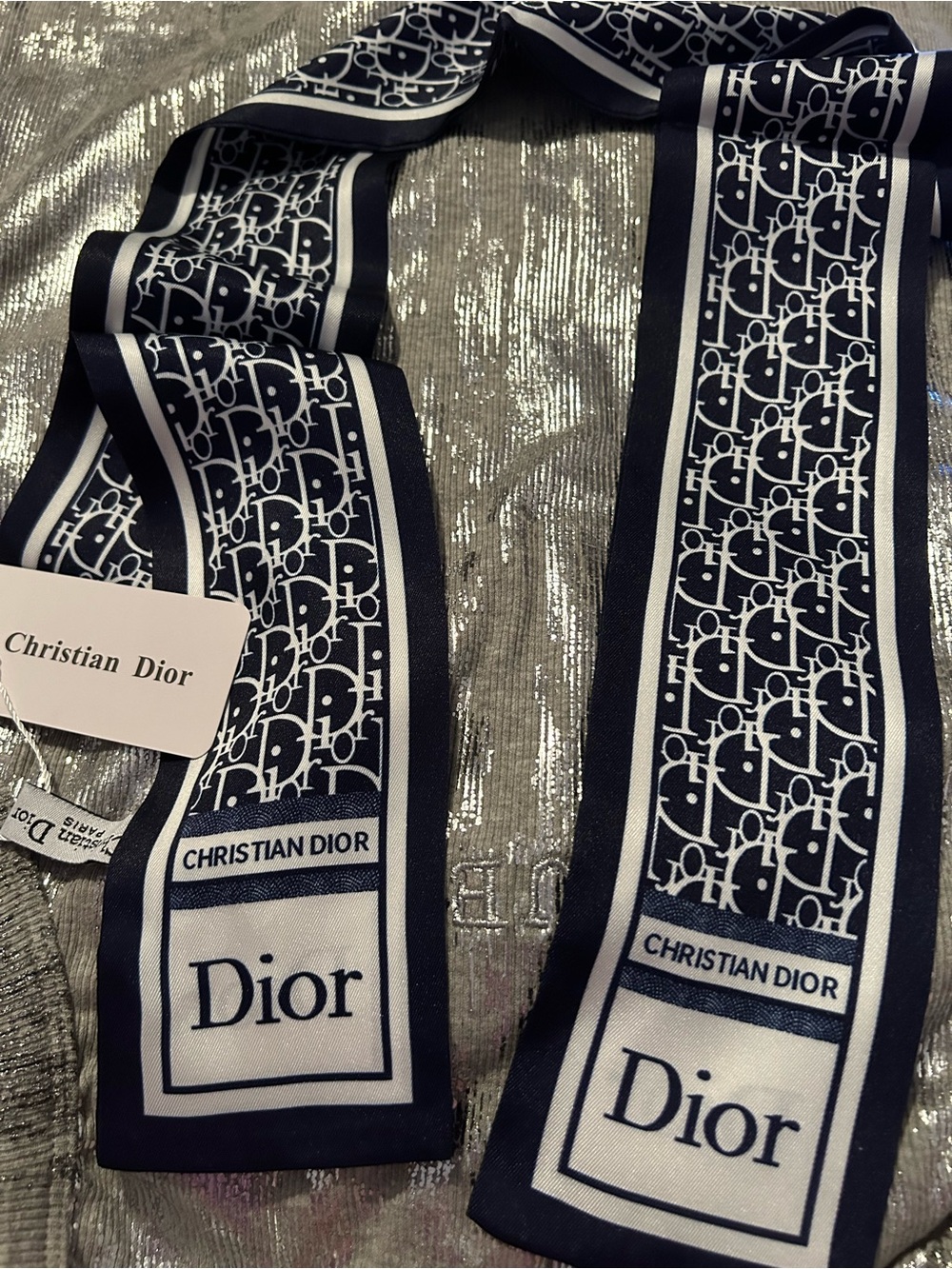 CD Women’s Navy & White Signature Logo 100%Silk Twilly Scarf